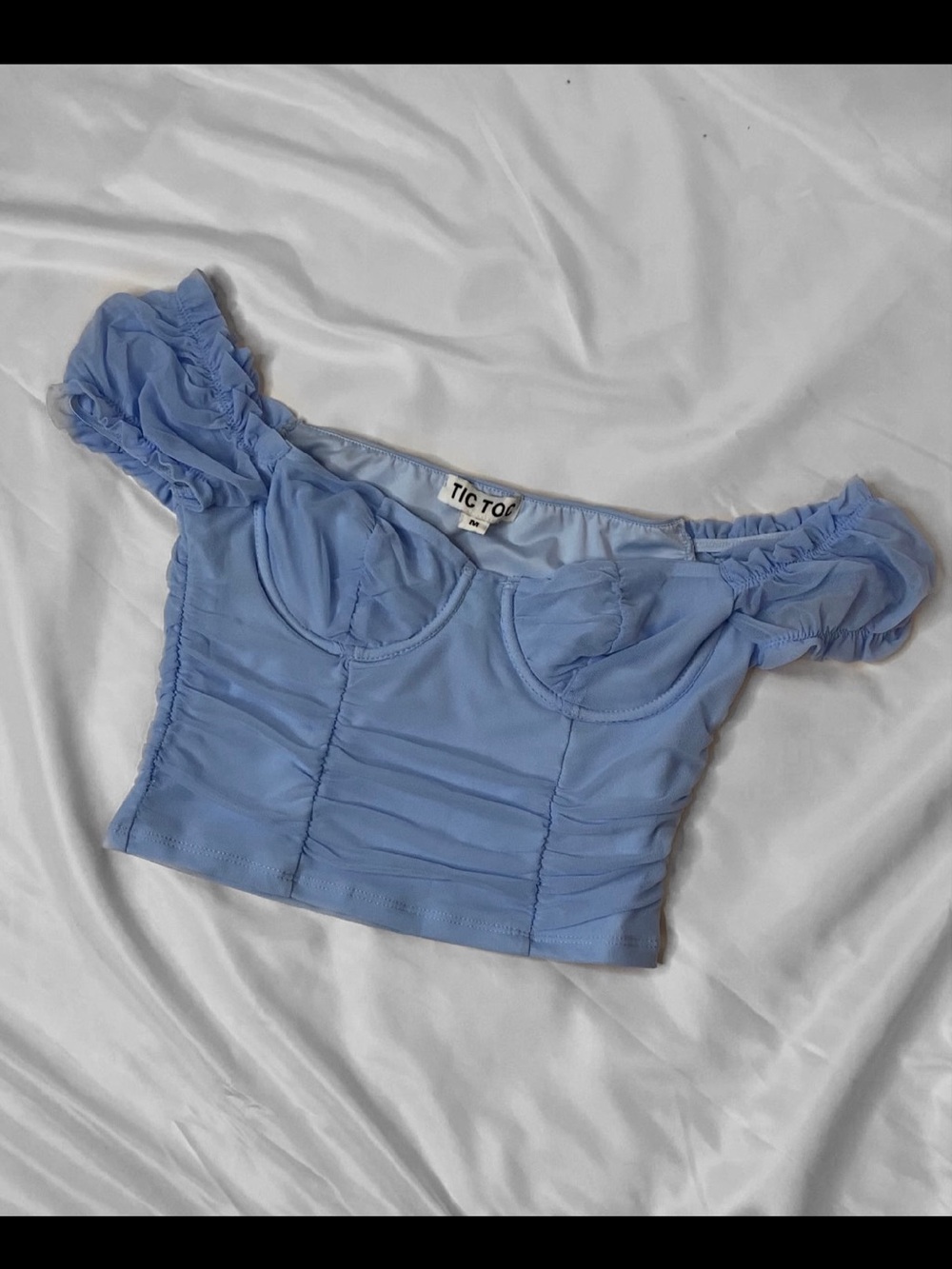 Sky Blue Off-Shoulder Ruched Sweetheart Crop Top - Picture 2 of 2
